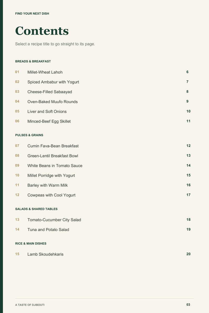 Actual PDF page 3 from A Taste of Djibouti: Contents, page 1.