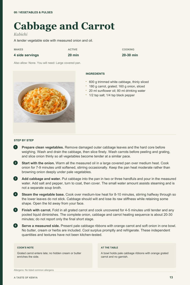 Actual PDF page 13 from A Taste of Kenya: Cabbage and Carrot recipe page.
