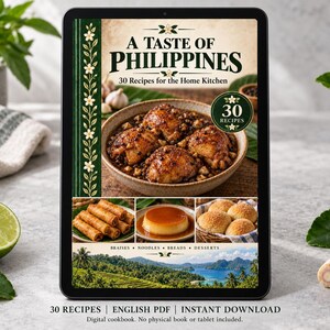 Digital cookbook mockup displaying the actual A Taste of Philippines cover. English PDF download only; no tablet or physical book included.