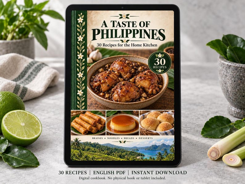Digital cookbook mockup displaying the actual A Taste of Philippines cover. English PDF download only; no tablet or physical book included.