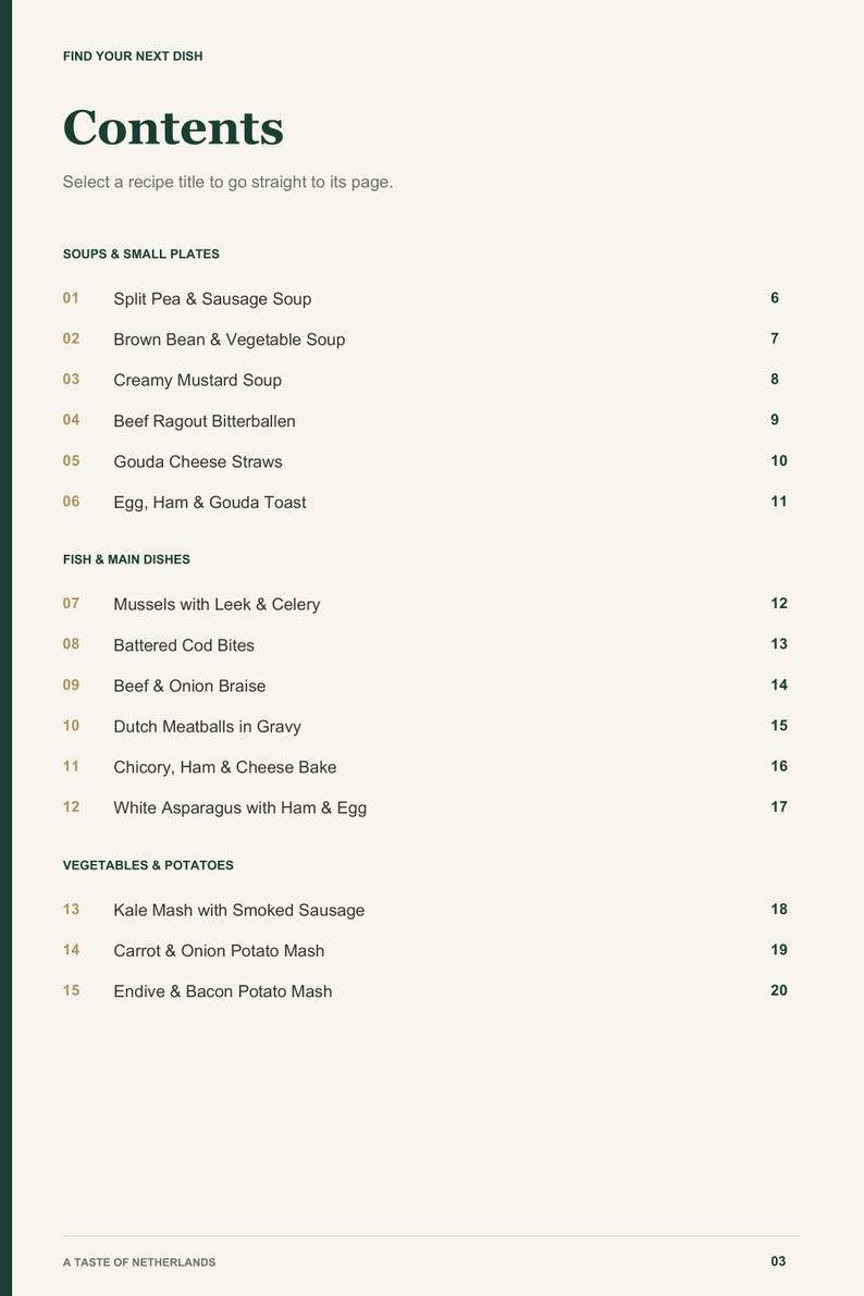 Actual PDF page 3 from A Taste of Netherlands: Contents, page 1.