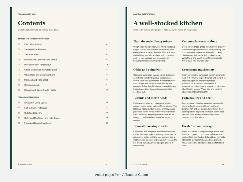 Actual contents and kitchen-notes pages from A Taste of Gabon.