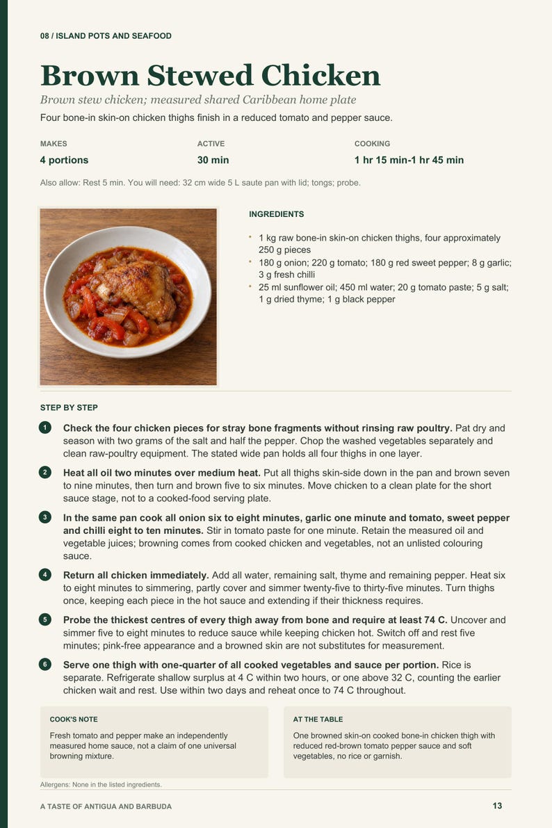 Actual PDF page 13 from A Taste of Antigua and Barbuda: Brown Stewed Chicken recipe page.