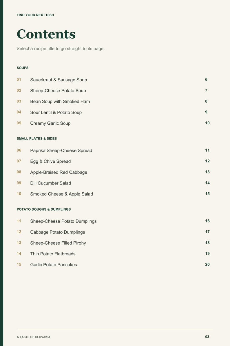 Actual PDF page 3 from A Taste of Slovakia: Contents, page 1.