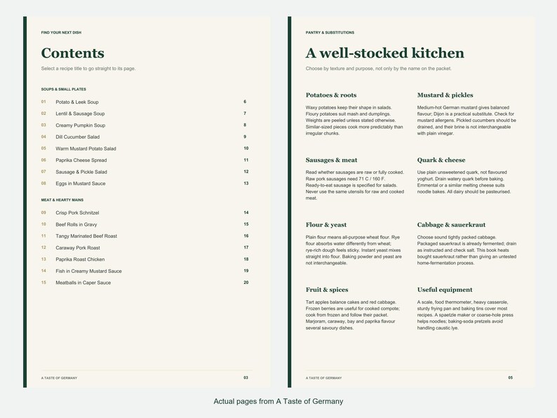Actual contents and kitchen-notes pages from A Taste of Germany.