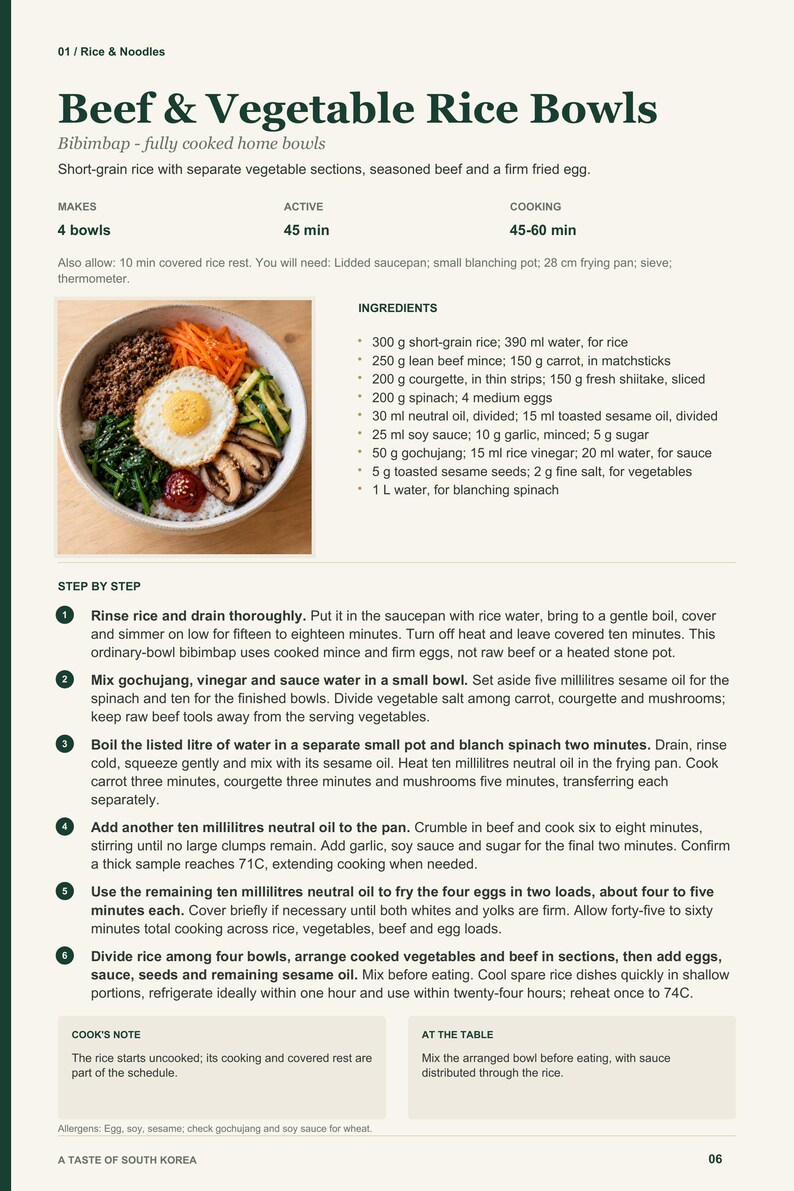 Actual PDF page 6 from A Taste of South Korea: Beef & Vegetable Rice Bowls recipe page.