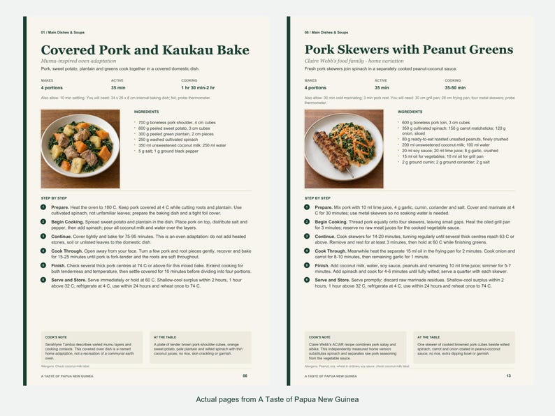 Two actual recipe pages from A Taste of Papua New Guinea.