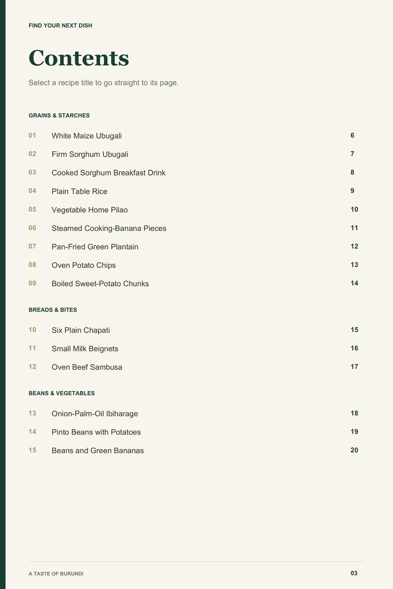 Actual PDF page 3 from A Taste of Burundi: Contents, page 1.
