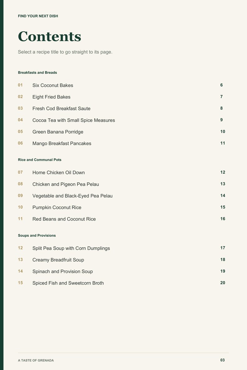 Actual PDF page 3 from A Taste of Grenada: Contents, page 1.