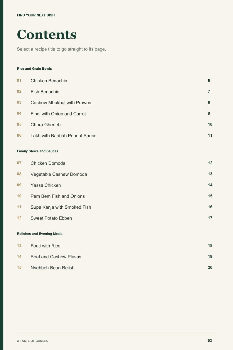 Actual PDF page 3 from A Taste of Gambia: Contents, page 1.
