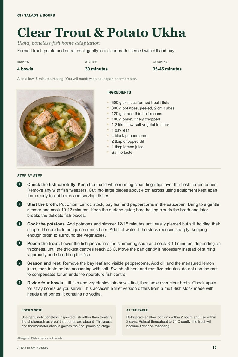 Actual PDF page 13 from A Taste of Russia: Clear Trout & Potato Ukha recipe page.