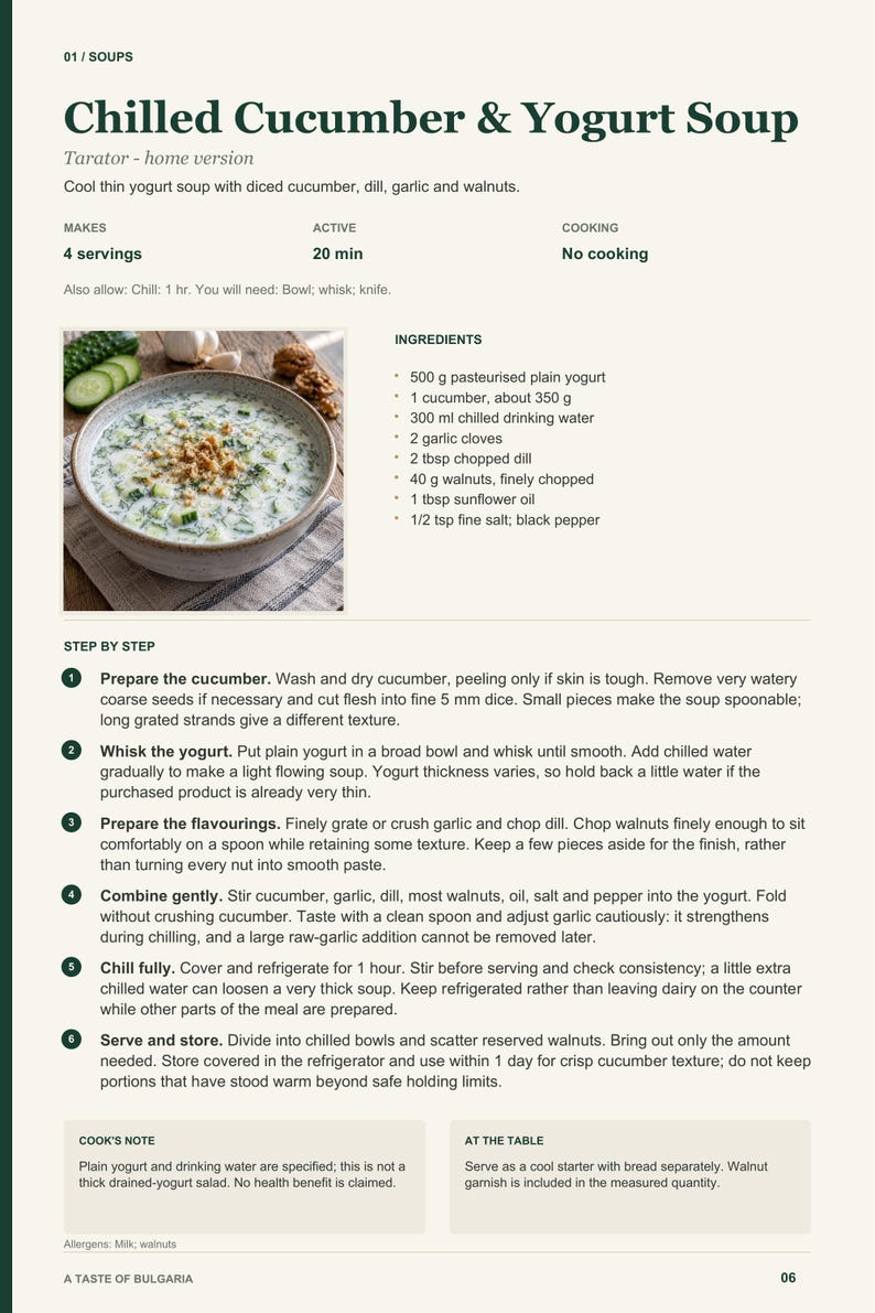 Actual PDF page 6 from A Taste of Bulgaria: Chilled Cucumber & Yogurt Soup recipe page.