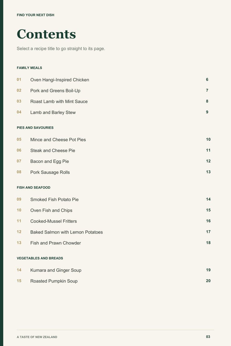 Actual PDF page 3 from A Taste of New Zealand: Contents, page 1.