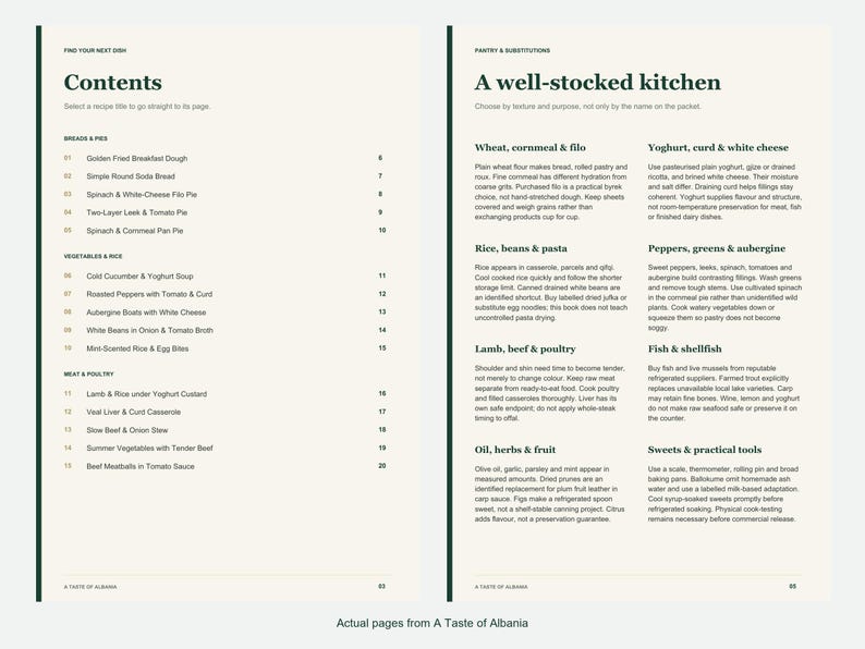 Actual contents and kitchen-notes pages from A Taste of Albania.