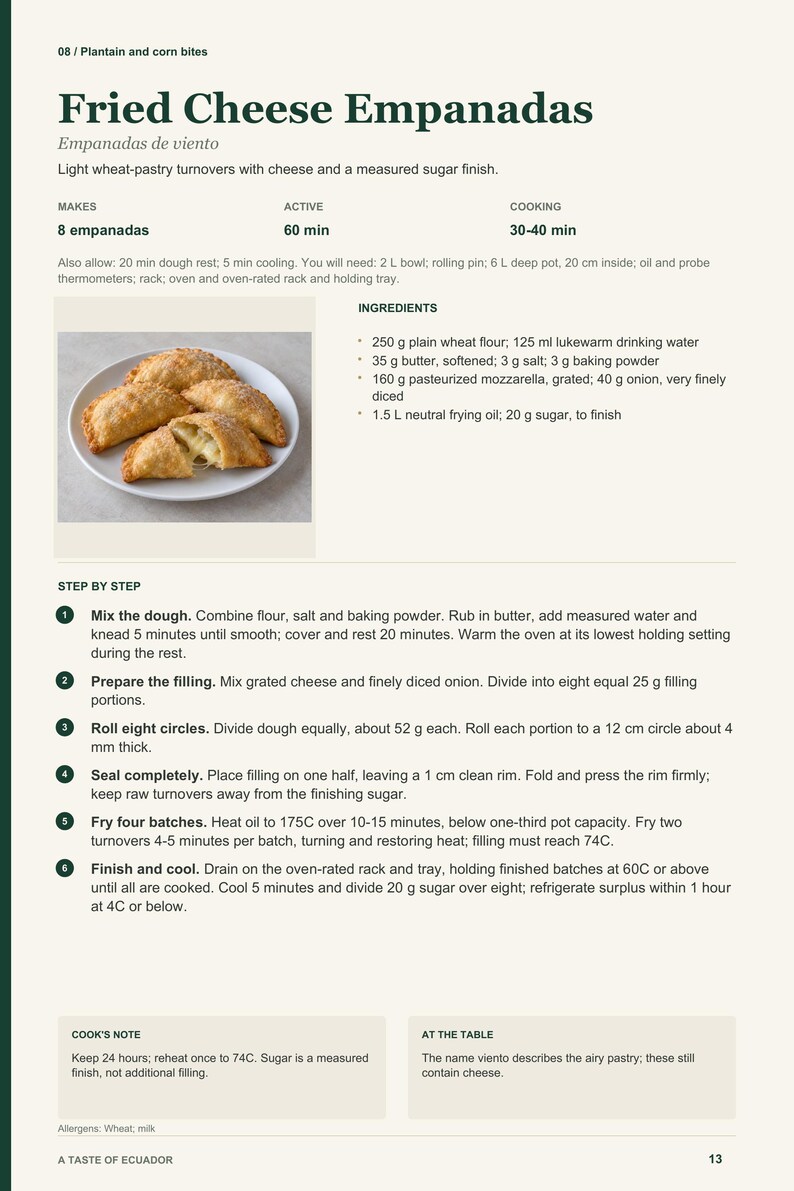 Actual PDF page 13 from A Taste of Ecuador: Fried Cheese Empanadas recipe page.