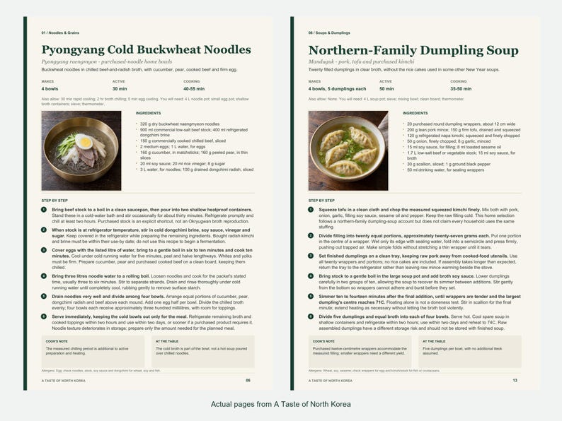 Two actual recipe pages from A Taste of North Korea.