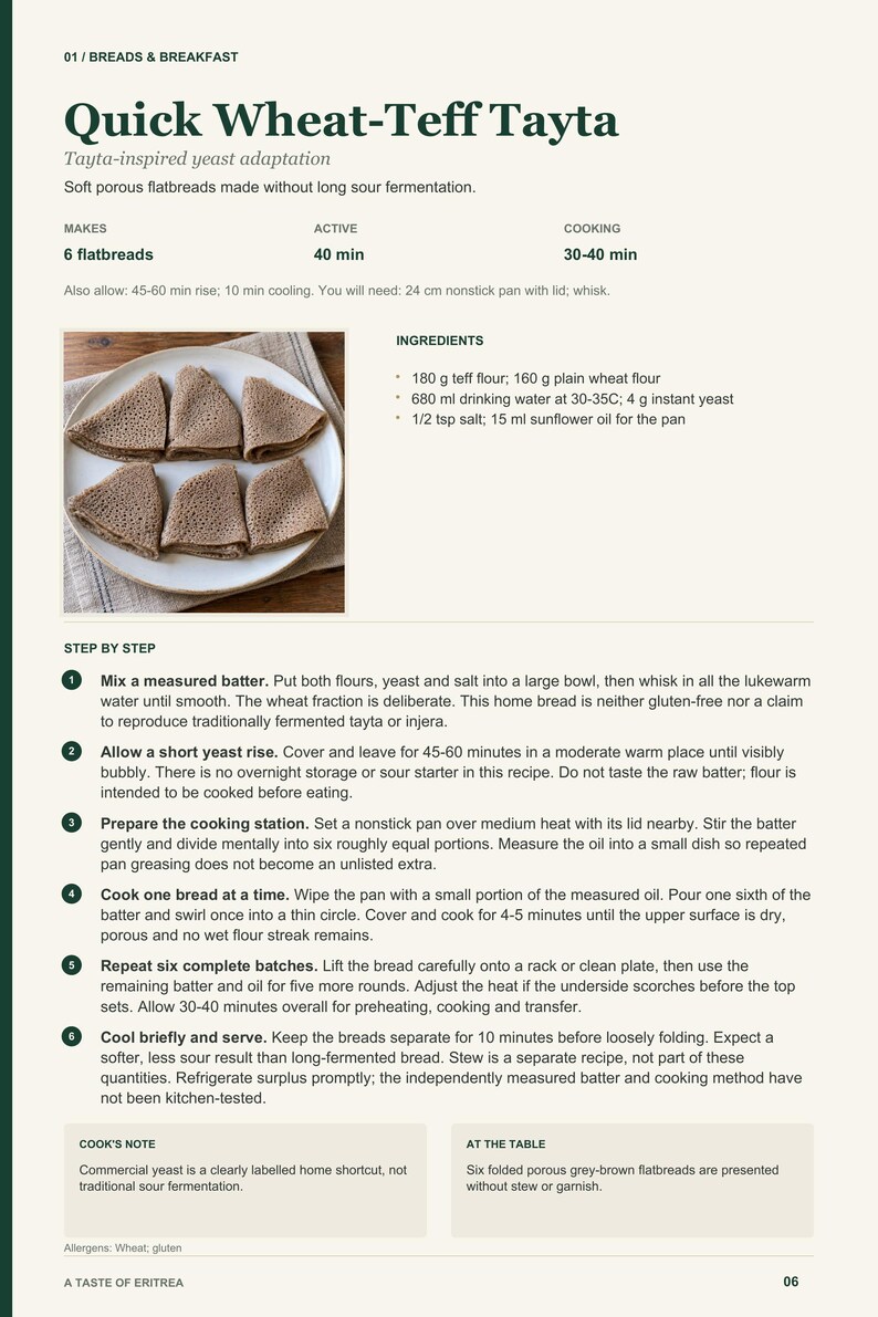 Actual PDF page 6 from A Taste of Eritrea: Quick Wheat-Teff Tayta recipe page.