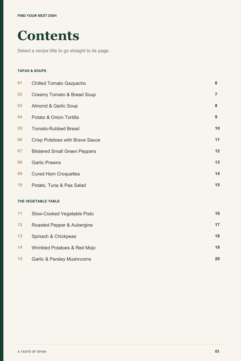Actual PDF page 3 from A Taste of Spain: Contents, page 1.