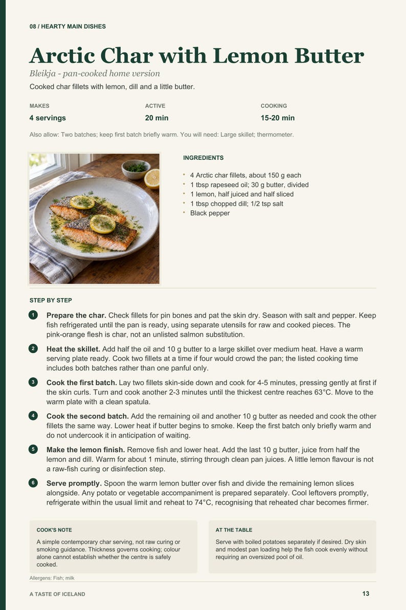 Actual PDF page 13 from A Taste of Iceland: Arctic Char with Lemon Butter recipe page.