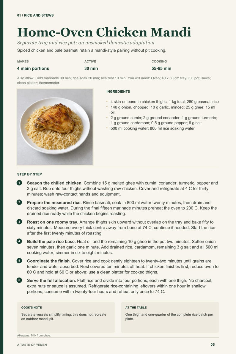 Actual PDF page 6 from A Taste of Yemen: Home-Oven Chicken Mandi recipe page.