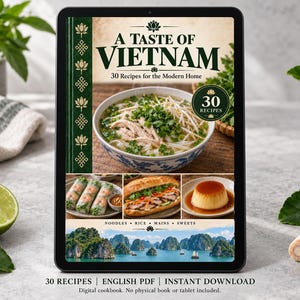 Digital cookbook mockup displaying the actual A Taste of Vietnam cover. English PDF download only; no tablet or physical book included.