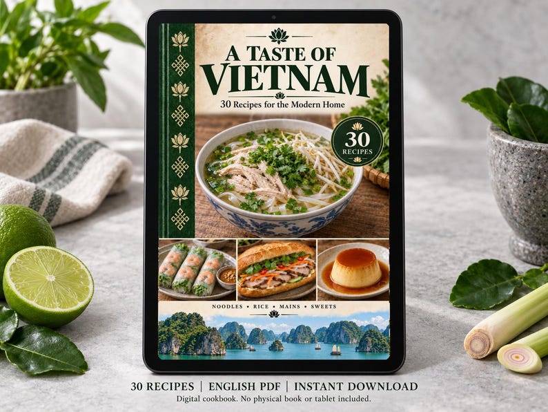 Digital cookbook mockup displaying the actual A Taste of Vietnam cover. English PDF download only; no tablet or physical book included.