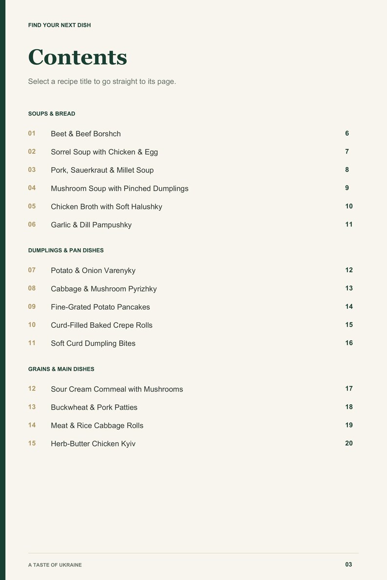 Actual PDF page 3 from A Taste of Ukraine: Contents, page 1.