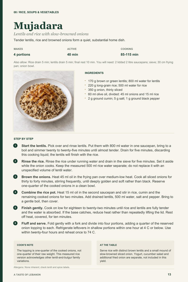 Actual PDF page 13 from A Taste of Lebanon: Mujadara recipe page.