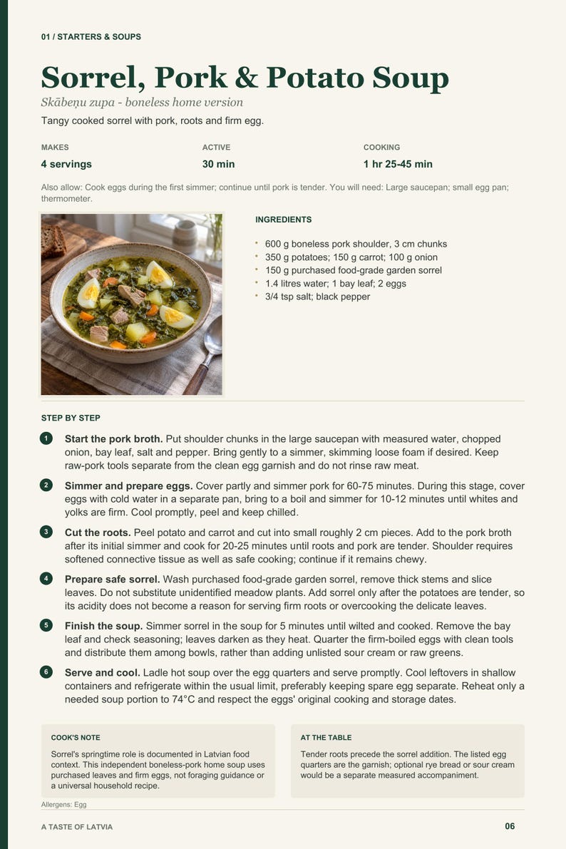 Actual PDF page 6 from A Taste of Latvia: Sorrel, Pork & Potato Soup recipe page.