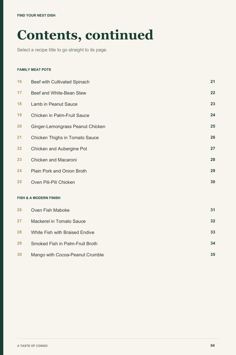 Actual PDF page 4 from A Taste of Congo: Contents, page 2.