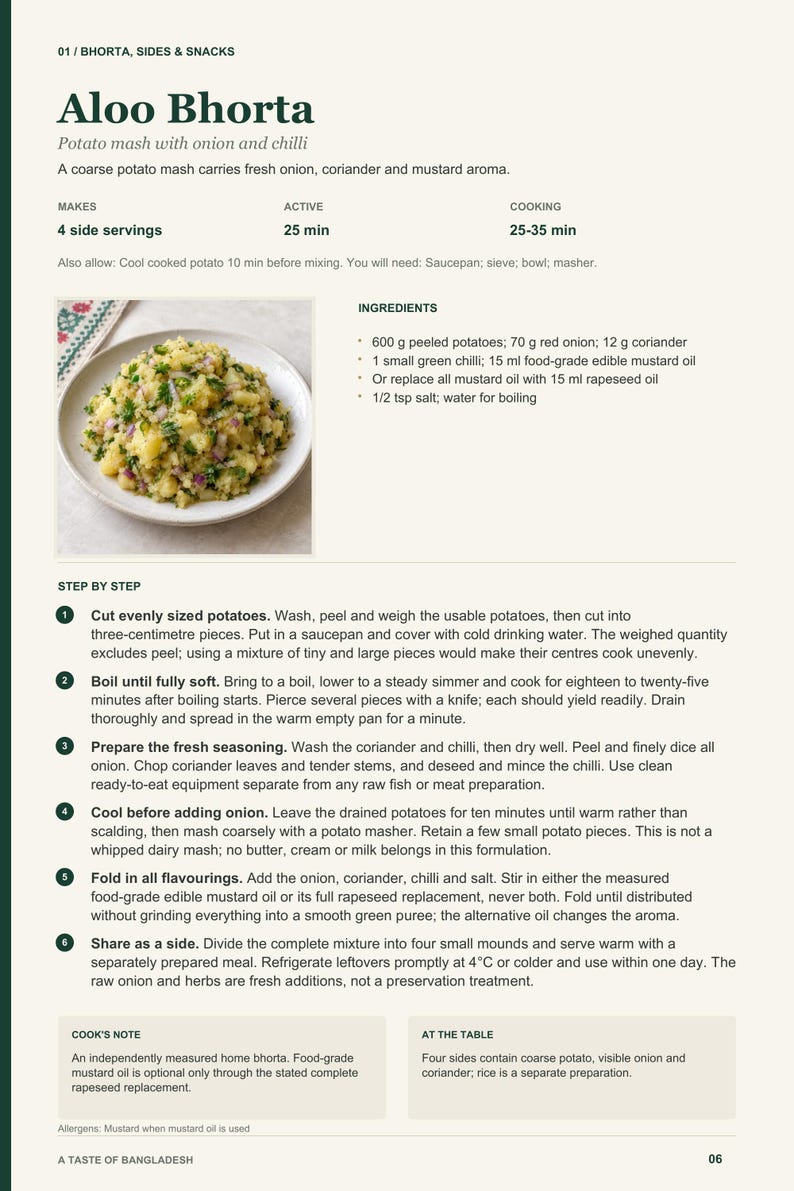 Actual PDF page 6 from A Taste of Bangladesh: Aloo Bhorta recipe page.