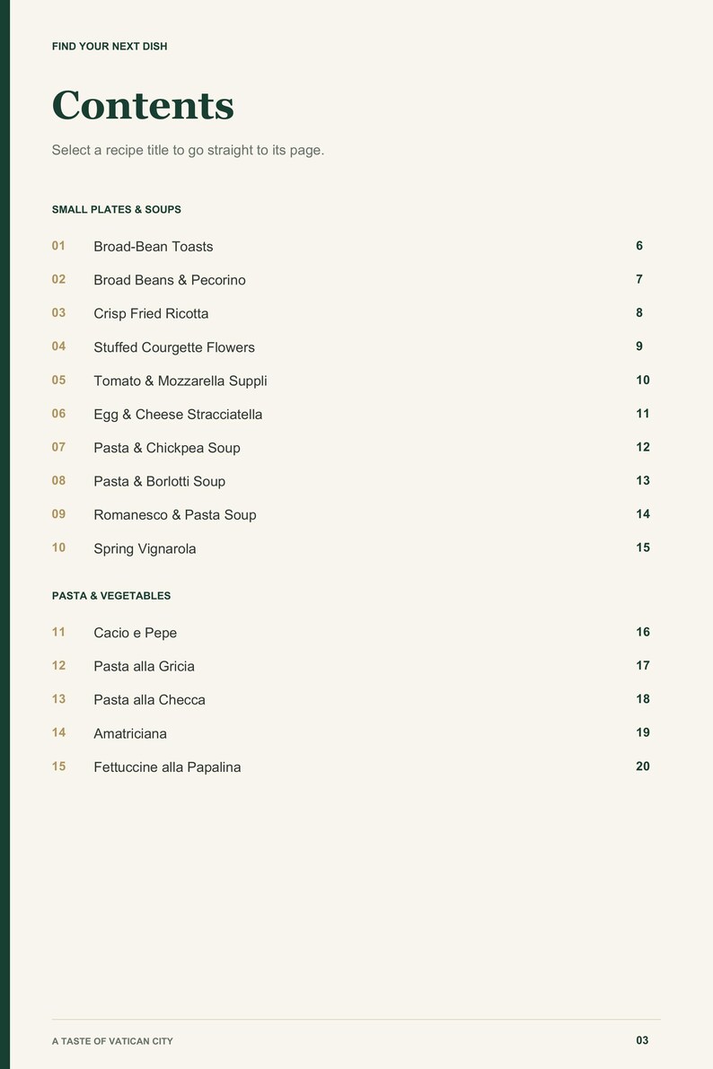 Actual PDF page 3 from A Taste of Vatican City: Contents, page 1.