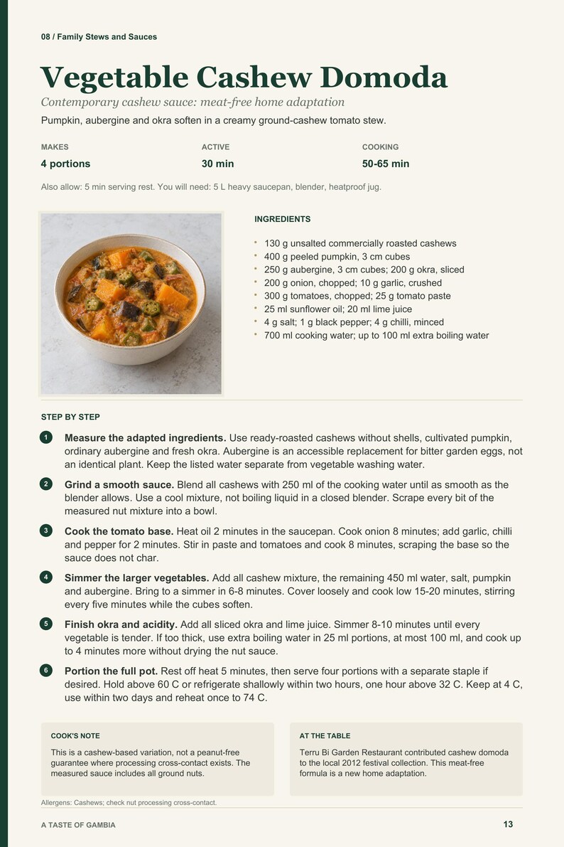 Actual PDF page 13 from A Taste of Gambia: Vegetable Cashew Domoda recipe page.
