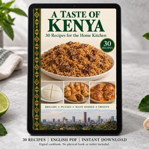 Digital cookbook mockup displaying the actual A Taste of Kenya cover. English PDF download only; no tablet or physical book included.