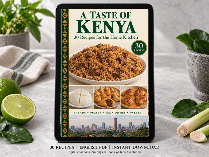 Digital cookbook mockup displaying the actual A Taste of Kenya cover. English PDF download only; no tablet or physical book included.