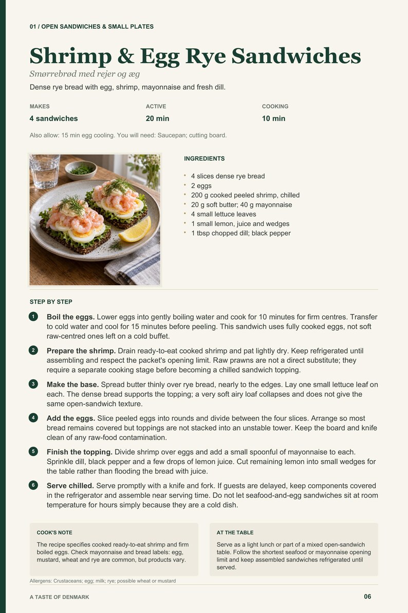 Actual PDF page 6 from A Taste of Denmark: Shrimp & Egg Rye Sandwiches recipe page.