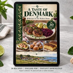 Digital cookbook mockup displaying the actual A Taste of Denmark cover. English PDF download only; no tablet or physical book included.