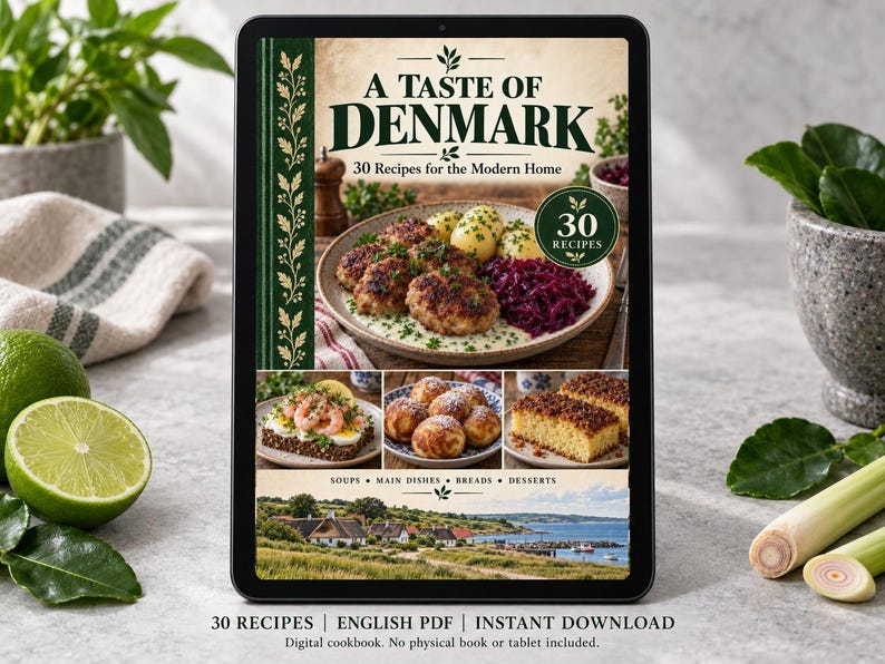 Digital cookbook mockup displaying the actual A Taste of Denmark cover. English PDF download only; no tablet or physical book included.