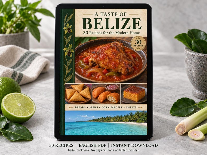 Digital cookbook mockup displaying the actual A Taste of Belize cover. English PDF download only; no tablet or physical book included.