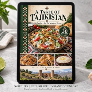 Digital cookbook mockup displaying the actual A Taste of Tajikistan cover. English PDF download only; no tablet or physical book included.
