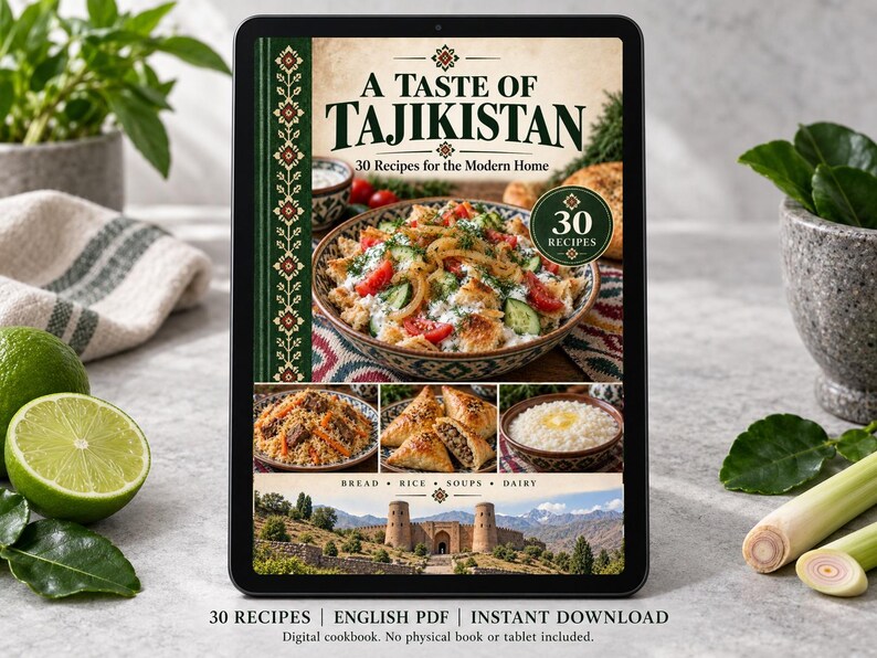 Digital cookbook mockup displaying the actual A Taste of Tajikistan cover. English PDF download only; no tablet or physical book included.
