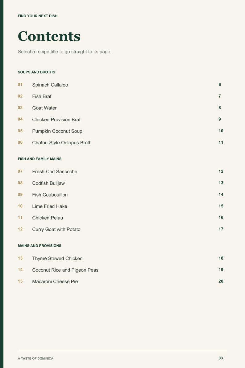 Actual PDF page 3 from A Taste of Dominica: Contents, page 1.