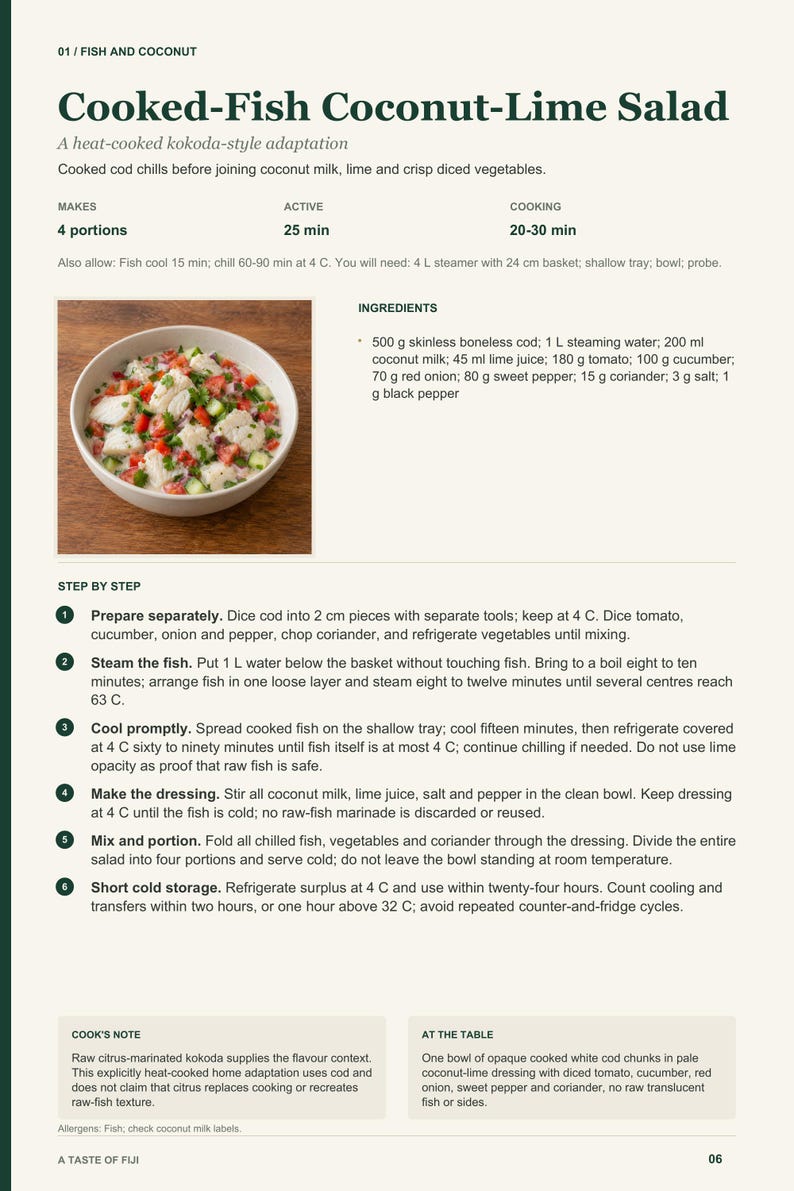 Actual PDF page 6 from A Taste of Fiji: Cooked-Fish Coconut-Lime Salad recipe page.