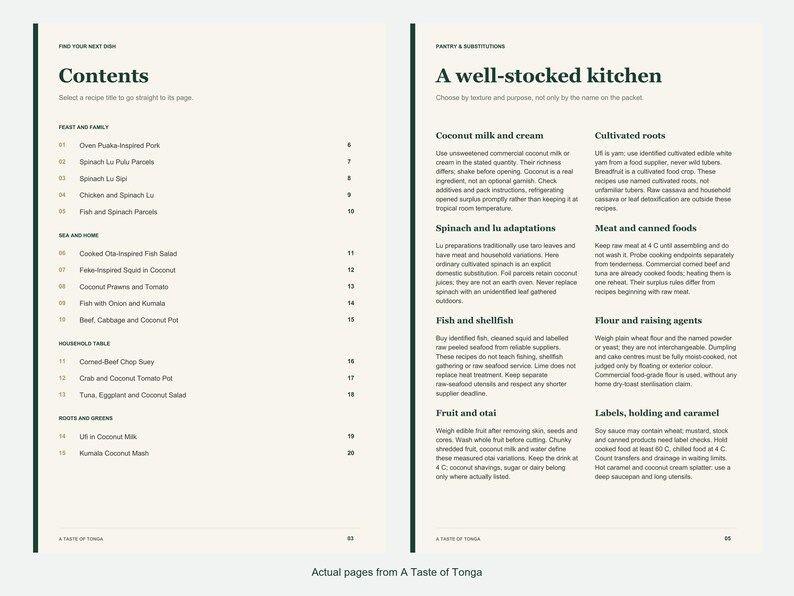 Actual contents and kitchen-notes pages from A Taste of Tonga.