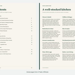 Actual contents and kitchen-notes pages from A Taste of Bhutan.