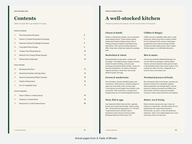 Actual contents and kitchen-notes pages from A Taste of Bhutan.