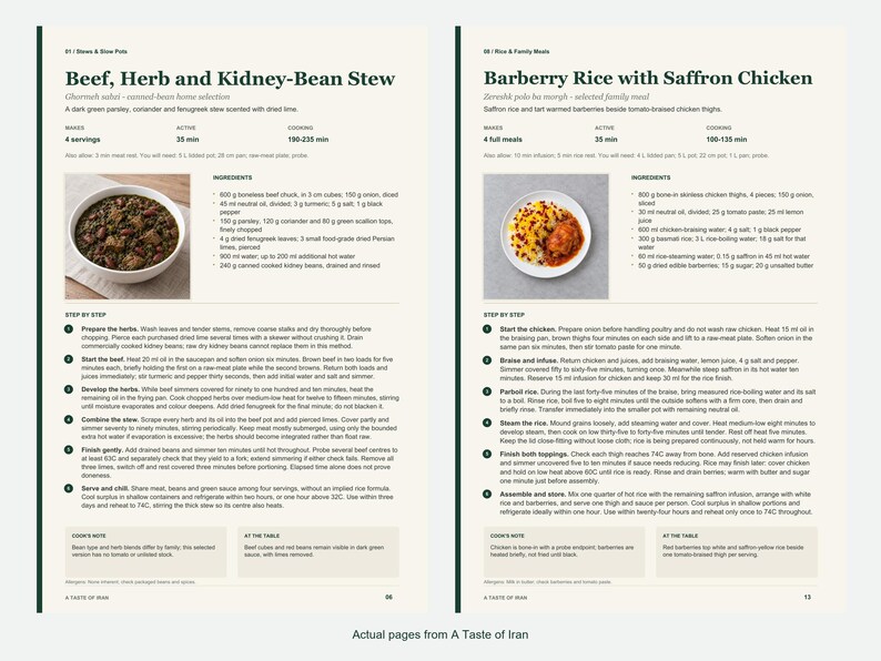 Two actual recipe pages from A Taste of Iran.
