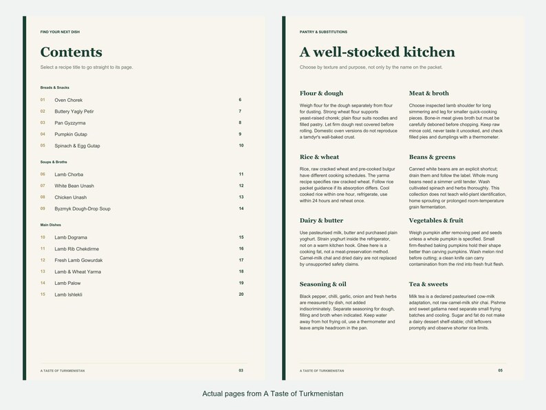 Actual contents and kitchen-notes pages from A Taste of Turkmenistan.