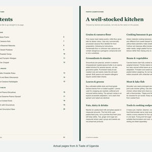 Actual contents and kitchen-notes pages from A Taste of Uganda.