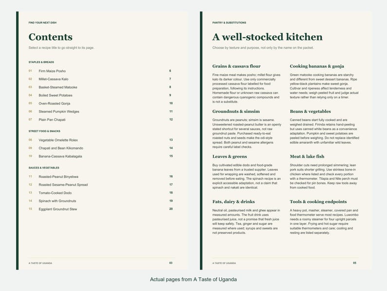 Actual contents and kitchen-notes pages from A Taste of Uganda.